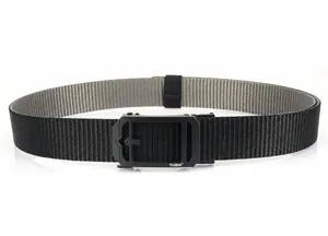 Close-up of dual-tone nylon canvas belt with black metal automatic buckle and woven texture