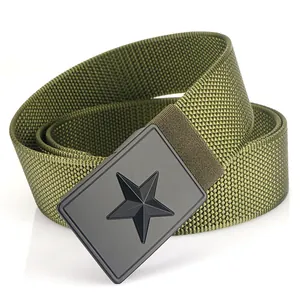 Army green tactical canvas belt with a matte black metal buckle featuring a star emblem