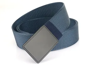 Detailed close-up of dark blue nylon tactical belt with matte gray metal buckle