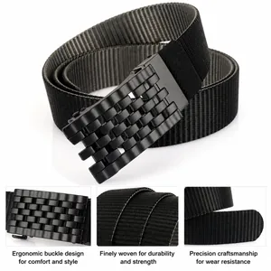 Detail of matte black buckle with textured grid pattern on durable nylon tactical belt