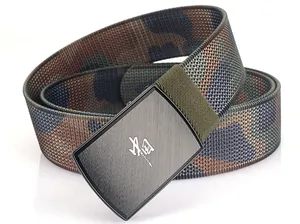 Detail of camouflage canvas belt showing black metal buckle with China engraving