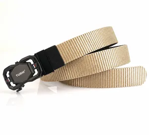 Zinc alloy buckle detail on breathable khaki nylon tactical belt with brand logo
