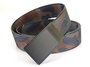 Macro detail of jungle camouflage nylon tactical belt with matte black metal buckle