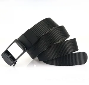 Detail showing the thick nylon woven texture and durable black automatic buckle of the belt
