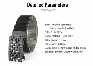 Detail of double-sided nylon webbing belt with zinc alloy rotating automatic buckle