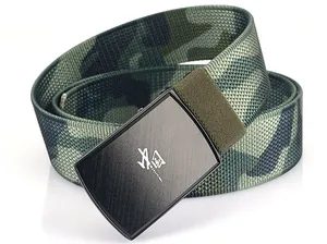 Close-up of camouflage canvas belt with black metal buckle featuring Chinese calligraphy