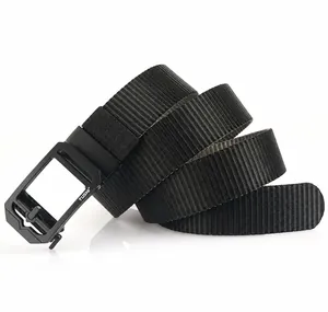 Close-up of durable black thick nylon webbing and matte metal automatic rotation buckle
