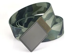 Macro shot of durable nylon tactical belt with woodland camouflage pattern and matte buckle