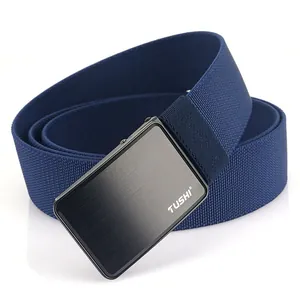 Men's navy blue nylon canvas belt with a black brushed metal buckle for casual wear