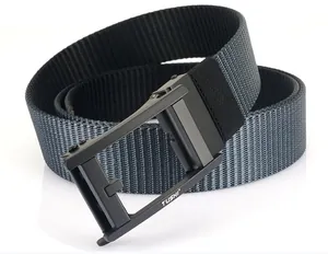 Close-up of TUSHI outdoor nylon belt with gray striped texture and matte black buckle