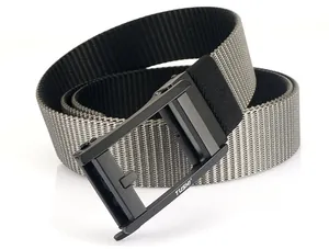 Detail of grey nylon canvas belt with matte black automatic metal buckle for men