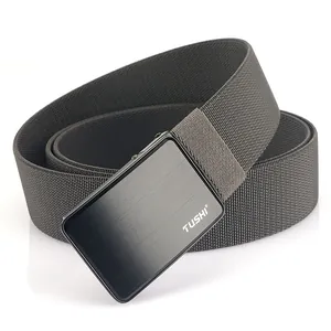 Men's dark gray nylon canvas belt with a square matte black metal buckle on white background