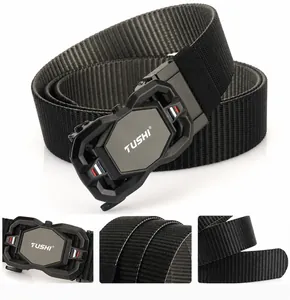 Detail of ergonomic metal buckle and durable nylon weave on men's tactical belt