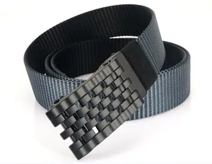 Close-up of tactical nylon belt with matte black mechanical rotating automatic buckle