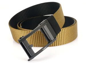 Detail of khaki nylon tactical belt with black matte metal buckle and TUSHI logo