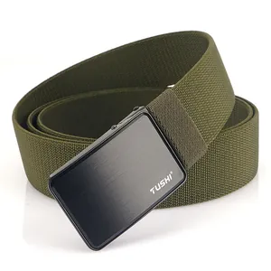 Army green nylon canvas belt with a matte grey metal buckle and TUSHI logo branding