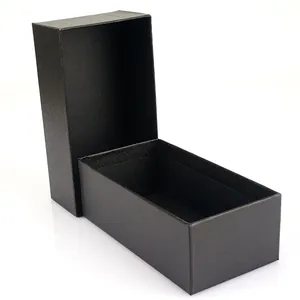 Detail view of rectangular black gift box with lid showing fine fabric texture surface