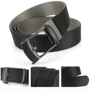Close-up of nylon woven belt with matte metal buckle and durable stitching detail