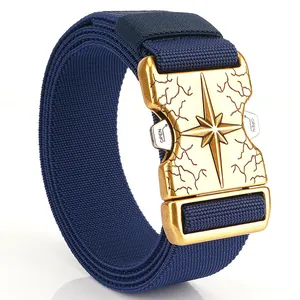 Tactical dark blue woven canvas belt with quick-release gold star buckle on white background