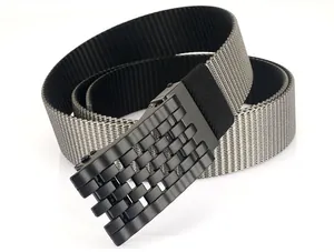 Close-up of black matte industrial buckle and durable grey nylon tactical belt strap