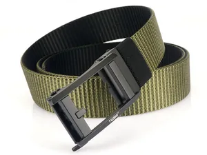 Detail view of military olive green nylon tactical belt with matte black metal buckle