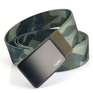 Men's camouflage nylon canvas belt with a black brushed metal buckle and TUSHI logo