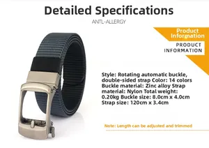Technical specifications for a dual-sided nylon belt with rotating automatic alloy buckle