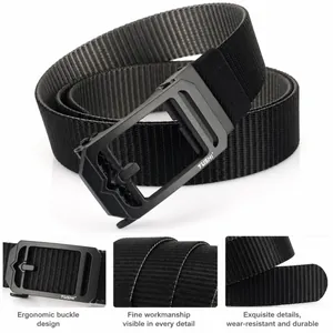 Detail of black nylon woven belt with scratch-resistant metal automatic buckle and texture