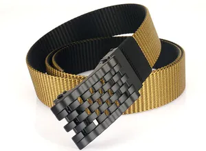 Detail of khaki nylon tactical belt with a black textured metal buckle on white background