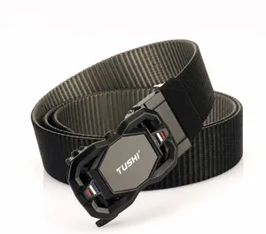 Detail of a black nylon tactical belt with a matte alloy buckle and color stripe logo