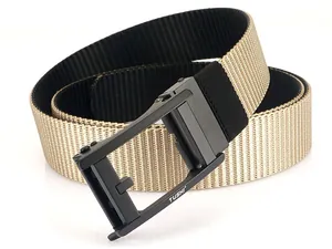Detailed macro view of dual-color nylon tactical belt with black automatic buckle