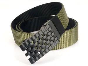Macro detail of military green nylon tactical belt with matte black mechanical buckle