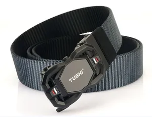Detail of grey nylon tactical belt with matte black automatic buckle and textured strap