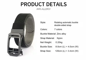Detail of nylon belt with zinc alloy rotating buckle showing dimensions and 120cm length