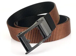 Detailed macro view of brown nylon tactical belt with a matte black metal buckle