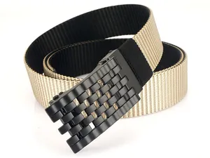 Detail of tactical nylon belt with dual-layer sand and black weave and grid metal buckle