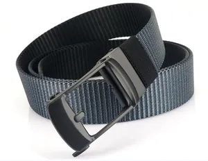 Close-up of black and grey striped nylon belt strap with matte black metal buckle texture