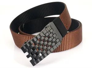 Detailed macro shot of a brown nylon tactical belt with a matte black metal buckle design