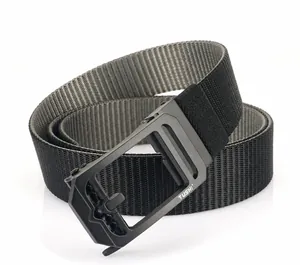 Macro detail of heavy-duty black nylon tactical belt with a matte metal buckle