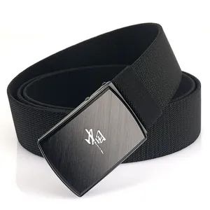 Black canvas belt with brushed dark gray metal buckle and silver character logo