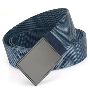 Navy blue nylon tactical belt with a matte black metal quick-release buckle