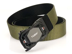 Detailed close-up of tactical nylon belt with matte black automatic buckle and logo