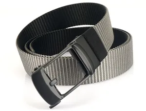 Close-up of durable grey and black woven nylon belt with matte black automatic buckle