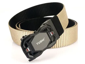 Detail of a dual-layer nylon tactical belt featuring a matte black rotating buckle mechanism
