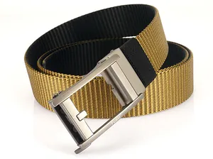 Detail of khaki nylon belt with black inner layer and matte metal automatic buckle