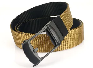 Close-up of double-sided nylon belt with black matte automatic buckle and ribbed texture
