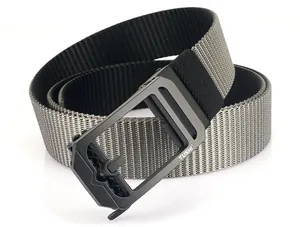 Close-up of grey nylon canvas belt with black automatic rotating metal buckle by TUSHI