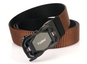 Detail of a brown nylon woven belt with matte black automatic buckle and brand logo
