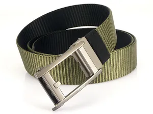 Close-up of olive green nylon tactical belt with gunmetal gray automatic alloy buckle
