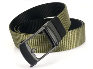 Detail of army green nylon tactical belt with matte black automatic metal buckle
